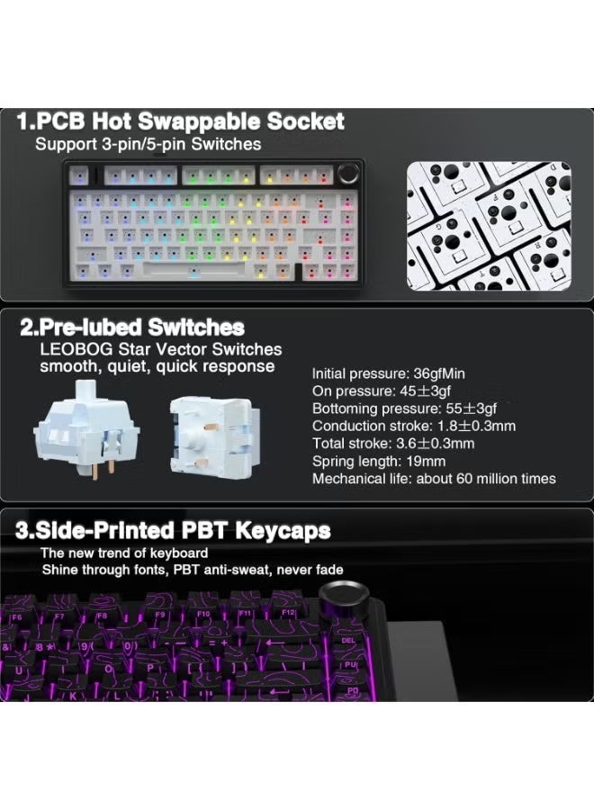 AULA لوحة مفاتيح ميكانيكية لاسلكية F75 Pro بنسبة 75%، لوحة مفاتيح مخصصة قابلة للتبديل الساخن، مفاتيح Seiya مسبقة التشحيم مع إضاءة خلفية RGB، لوحة مفاتيح ميكانيكية بتردد 2.4GHz/Type-C/BT5.0 - Image 3